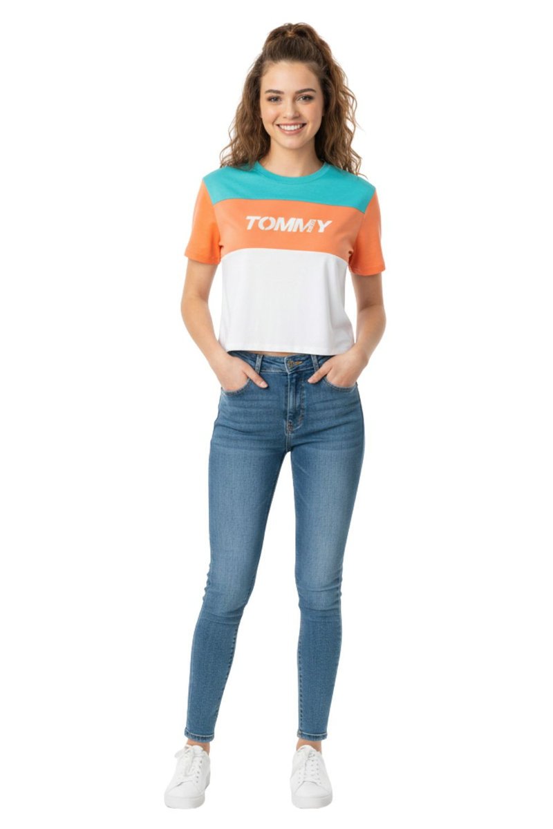 Koszulka damska Tommy Hilfiger Block logo pomarańczowa -XS