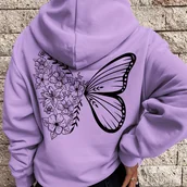 Inne - TEMU Kobieca Casualowa Fioletowa Bluza z Kapturem z Wzorem Motyla i Kwiatów - Modna z Długim Rękawem, 100% Poliester, Pralna w Pralce, Bluza z - miniaturka - grafika 1