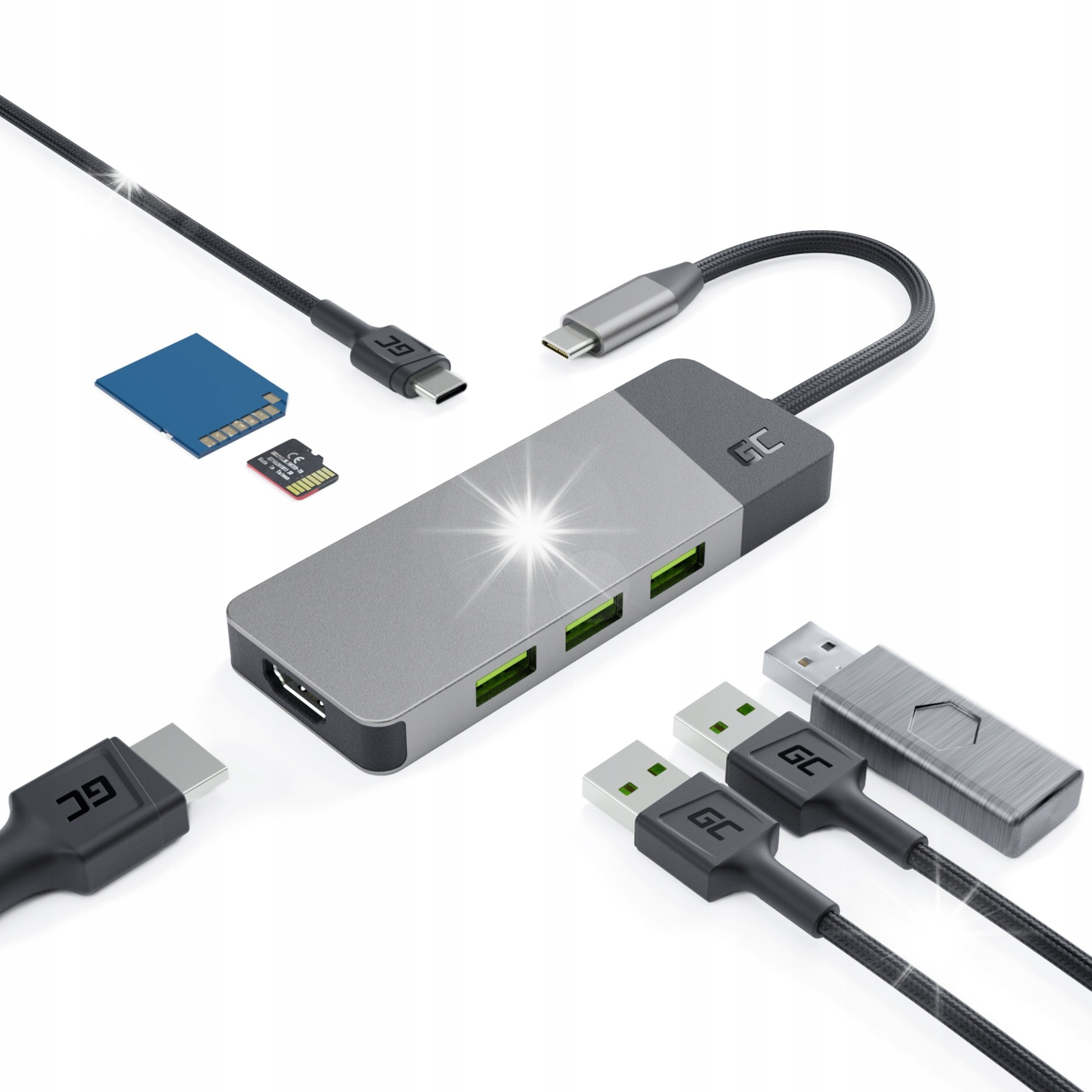 HUB USB Green Cell GC Adapter rozdzielacz 7 w 1 HUB USB-C 85W 3x USB-A 3.1 USB C HDMI 4K SD TF