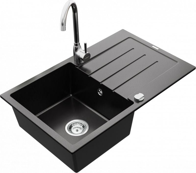Mexen Zlewozmywak  Bruno zlewozmywak granitowy 1-komorowy z ociekaczem i baterią kuchenną Telma, czarny - 6513-77-670200-00