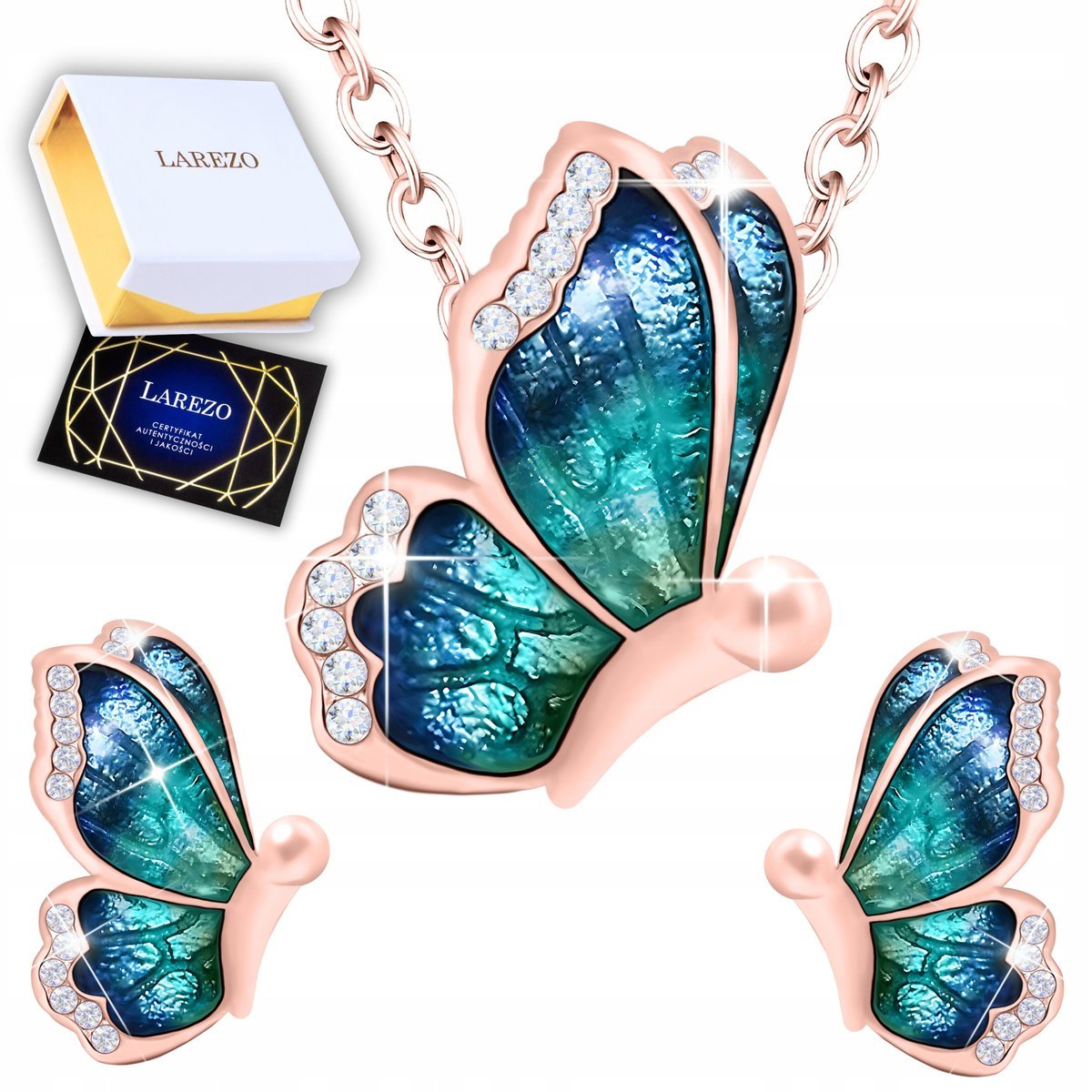 Zestaw Pozłacany Naszyjnik Motyl i Kolczyki Wkrętki Motyle Owady SREBRO 925