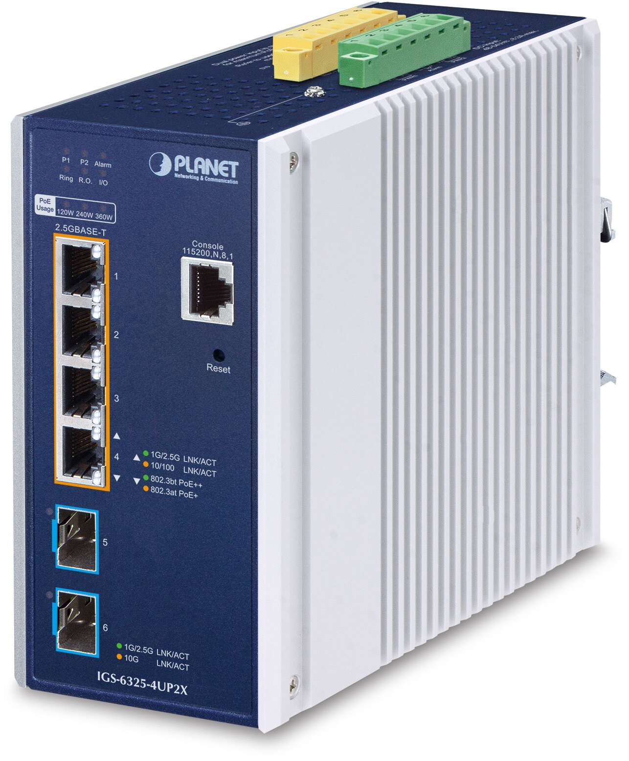 Switch Planet PLANET IP30 DIN-rail Industrial L3 Zarządzany 2.5G Ethernet 100/1000/2500 Obsługa PoE Aluminium, Niebieski IGS-6325-4UP2X