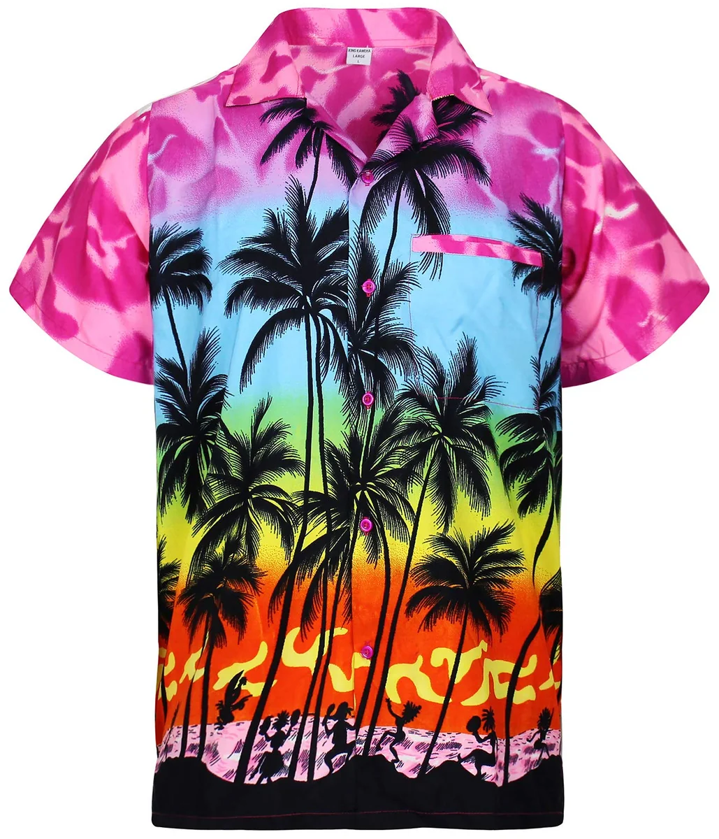 V.H.O. Codzienna męska koszula w hawajskie fale, przednia kieszeń, zapinana na guziki, krótki rękaw, unisex, styl plażowy, wielokolorowa, Beach Ecle..