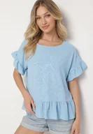 Bluzki damskie - Jasnoniebieska Bluzka o Kroju Oversize z Falbanami Livelle - miniaturka - grafika 1