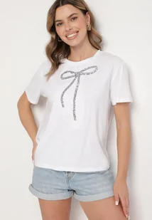 Biały T-shirt Oversize z Bawełny Zdobiony Kokardą z Cekinów Tenesela - Koszulki i topy damskie - miniaturka - grafika 1