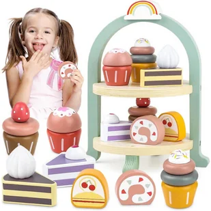 Cukiernia drewniany zestaw do herbaty akcesoria do zabawy Drewniana Patera Dla Dzieci Duży Zestaw Przekąski Ciastka - Zabawy w naśladowanie dorosłych - miniaturka - grafika 1