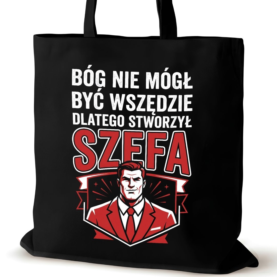 Czarna torba bawełniana dla SZEFA na ramię zakupowa napisem wszędzie