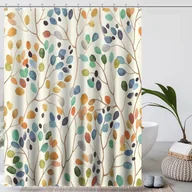 Zasłony prysznicowe - Zasłona prysznicowa, 180 x 200 cm, beżowa, wodoodporna, zmywalna, kolorowe rośliny z oczami, tkanina vintage, styl boho - miniaturka - grafika 1