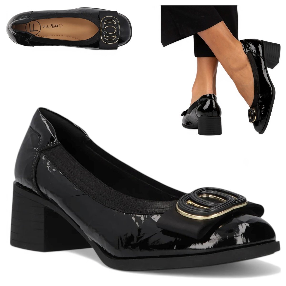 Czółenka Damskie SKÓRZANE Filippo Półbuty Czarne Eleganckie Lakierowane 37