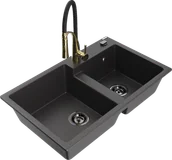 Zlewozmywaki z baterią - Mexen Tomas zlewozmywak granitowy 2-komorowy z baterią kuchenną Aster, czarny nakrapiany - 6516-76-73450-57-B - miniaturka - grafika 1
