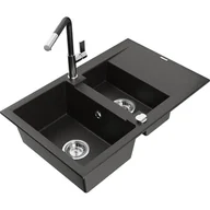 Zlewozmywaki z baterią - Mexen Gaspar zlewozmywak granitowy 1,5-komorowy z ociekaczem i baterią kuchenną Flora, czarny/złoty metalik - miniaturka - grafika 1