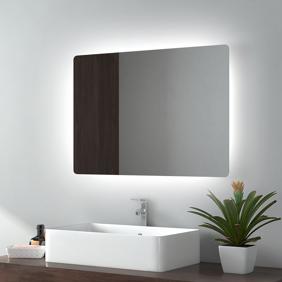 EMKE Lustro łazienkowe LED 70x50cm Lustro łazienkowe z oświetleniem Zimne białe światło Lustro ścienne Lustro do makijażu IP44 Energooszczędne podświetlane lustro