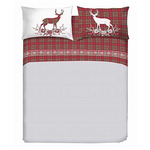 PENSIERI DELICATI Komplet pościeli dwuosobowej 100% bawełna, komplet pościeli dwuosobowej 180 x 200 cm z prześcieradłem spodnim, 2 poszewkami na poduszki, wyprodukowano we Włoszech, wzór Tartan Red