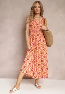 Sukienki - Pomarańczowa Rozkloszowana Sukienka z Wiskozy w Fantazyjny Print Karlene - miniaturka - grafika 1