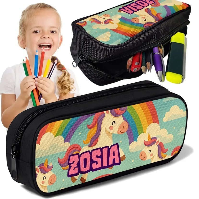 Piórnik TUBA + IMIĘ Jednorożec Tęcza Personalizowany Szkolny Prezent