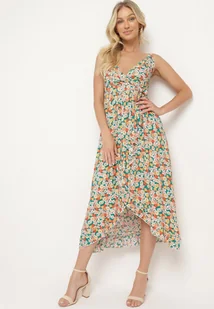 Zielono-Pomarańczowa Bawełniana Sukienka na Ramiączkach z Kopertowym Dekoltem i Asymetrycznym Rozcięciem Xiloa - Sukienki - miniaturka - grafika 1