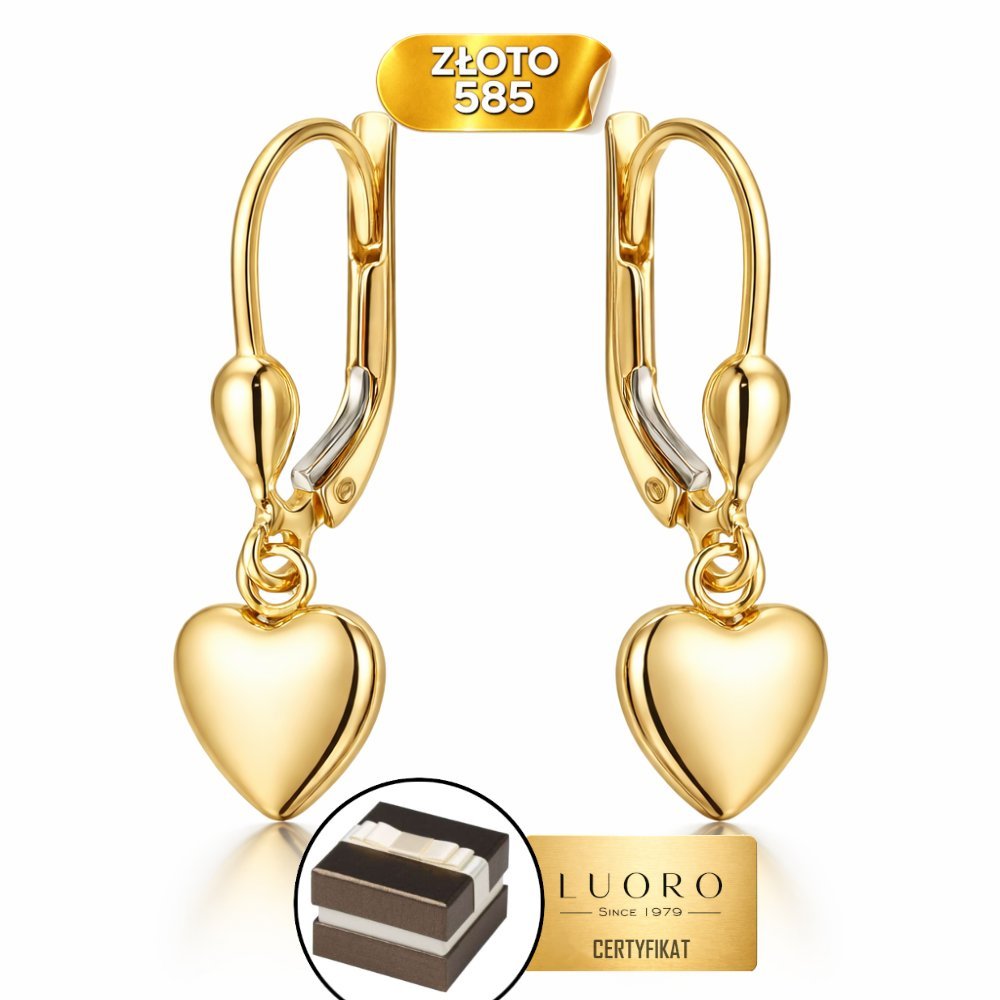 KOLCZYKI ZŁOTE 585 14K SERCA WISZĄCE NA ANGIELSKIM ZAPIĘCIU 23 MM