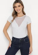 Bluzki damskie - Jasnoszara Bawełniana Bluzka Prążkowana z Siateczkowym Dekoltem Acamilla - miniaturka - grafika 1