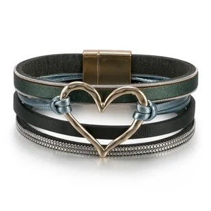 Wielowarstwowa skórzana bransoletka z sercem w stylu boho zielony - Bransoletki Wielowarstwowa skórzana bransoletka z sercem w stylu boho zielony - Bransoletki - miniaturka - grafika 1
