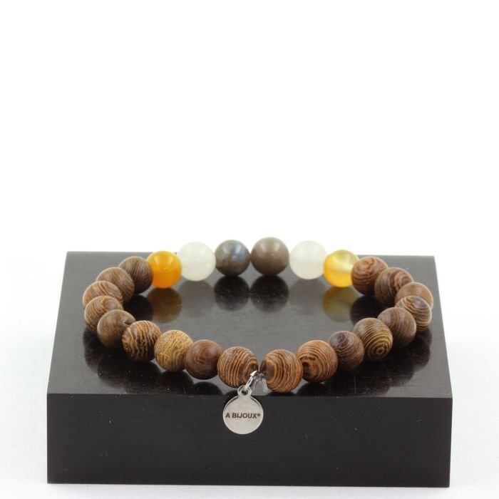 Bransoletka Saphir z Mogoku, Birma, Myanmar + Perły Sardonyx żółty + Kamień Księżycowy + Drewno 8 mm