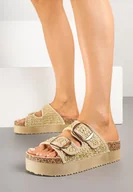 Klapki i japonki damskie - Beżowe Klapki na Grubej Podeszwie z Szydełkową Cholewką z Klamrami Redeavelle - miniaturka - grafika 1