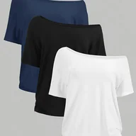 Bluzki damskie - TEMU 3 szt. Damski casualowy zestaw koszulek z asymetrycznymi ramionami i krótkim rękawem w wielokolorowym wzorze, trzy części - miniaturka - grafika 1