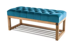 Ławka na buty 100cm EMRAWOOD drewno lite kolor naturalny siedzisko pikowane kolor turkus - Ławki do przedpokoju - miniaturka - grafika 1