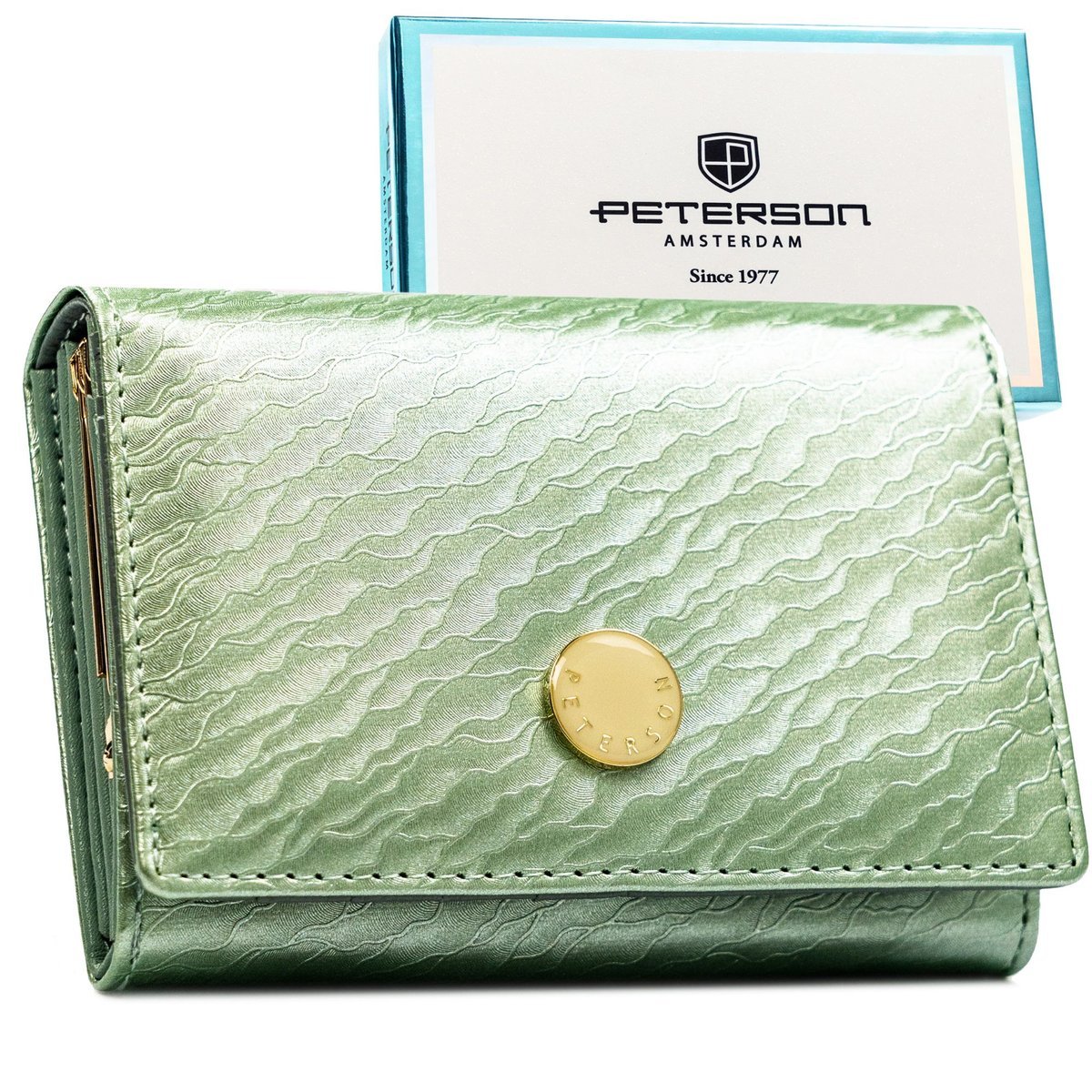 Mały portfel damski skórzany zielony PETERSON poziomy klasyczny na zatrzask rfid stop modny
