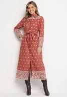 Sukienki - Bordowa Sukienka o Koszulowym Kroju z Wiązanym Paskiem Ozdobiona Haftem Valentirae - miniaturka - grafika 1