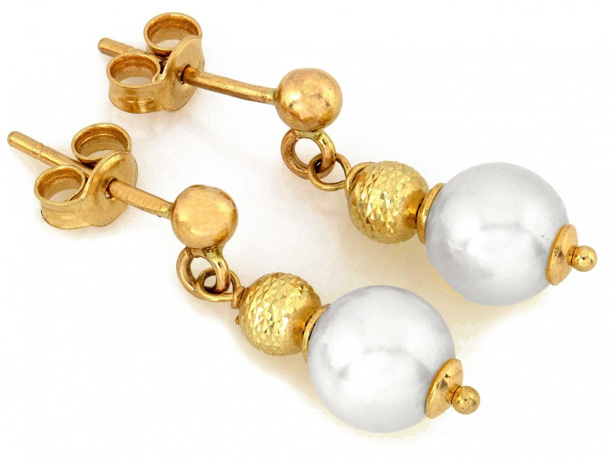 Delikatne złote 585 kolczyki wiszące z perłą i kulką 1.91g