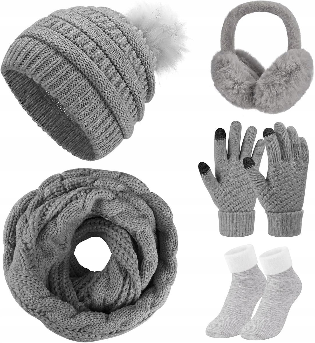 ZESTAW ZIMOWY 5 w 1 CZAPKA KOMIN RĘKAWICZKI SKARPETKI NAUSZNIKI SZARY