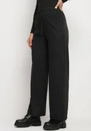 Spodnie damskie - Czarne Dzianinowe Szerokie Spodnie z Wysokim Stanem Sznurkiem i Gumką w Pasie Cretinna - miniaturka - grafika 1