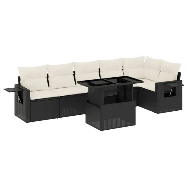 Zestaw wypoczynkowy rattan czarny 7szt. 100x55x44/73 cm, kremowe poduszki