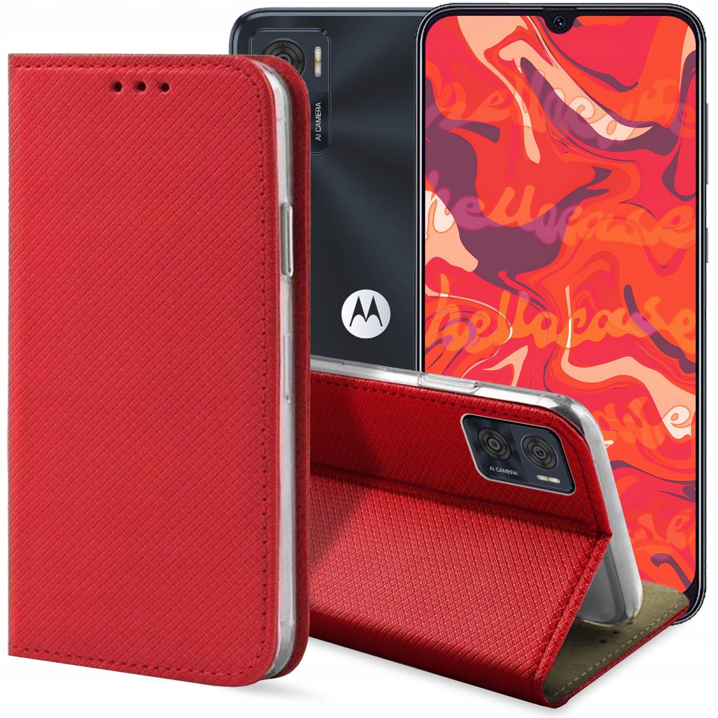 ETUI Z KLAPKĄ DO MOTOROLA MOTO E22 / E22I CZERWONE MAGNETYCZNE ZAMYKANE