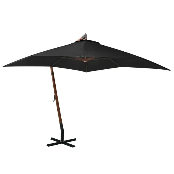 Parasol wiszący czarny 300x300 cm z drewnianym słupkiem i bambusowymi że