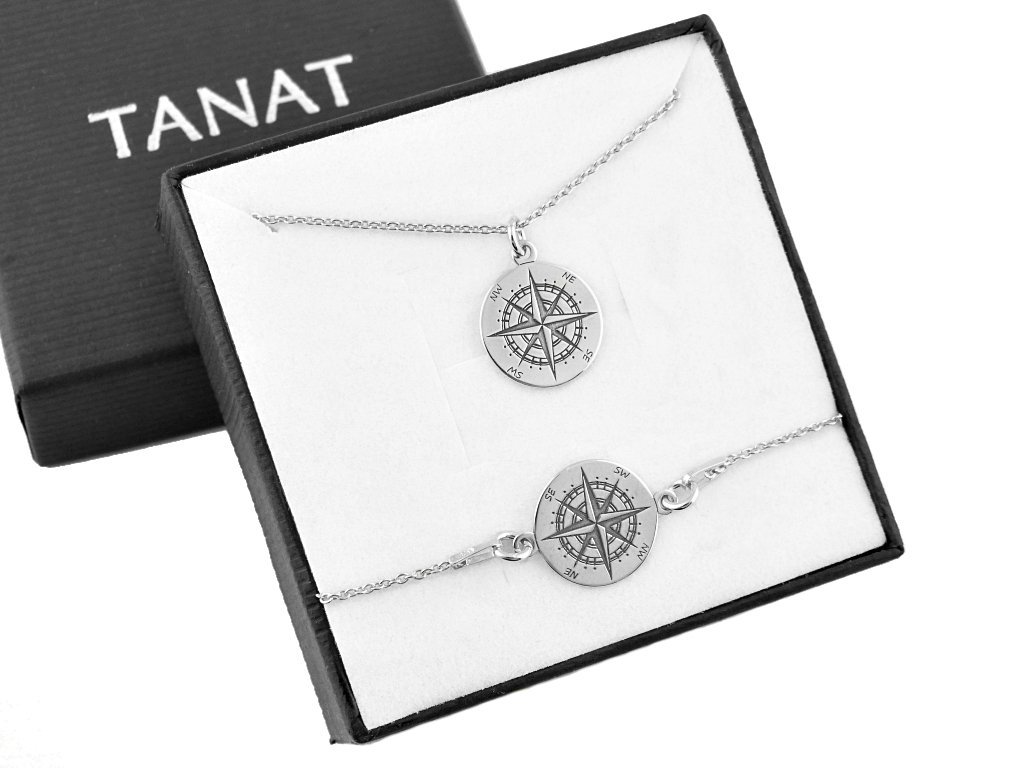 Srebrny komplet kompas + pudełko