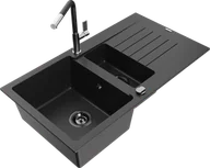 Zlewozmywaki z baterią - Mexen Matias zlewozmywak granitowy 1,5-komorowy z ociekaczem i baterią kuchenną Flora, czarny/srebrny - 6502-73-670401-07-B - miniaturka - grafika 1