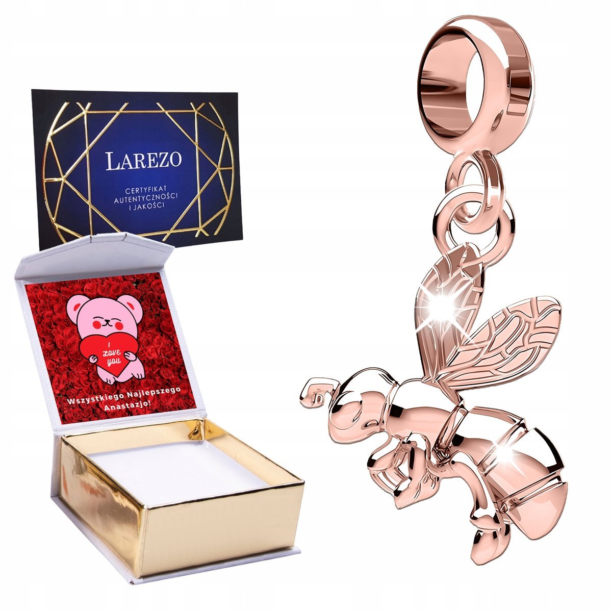 Piękny CHARMS POZŁACANY Wiszący z Pszczółką Lśniąca Pszczoła Osa + NADRUK