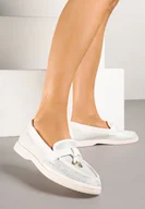 Mokasyny damskie - Białe Mokasyny z Cholewką z Cyrkoniami Zdobione Aplikacją Tenurea - miniaturka - grafika 1