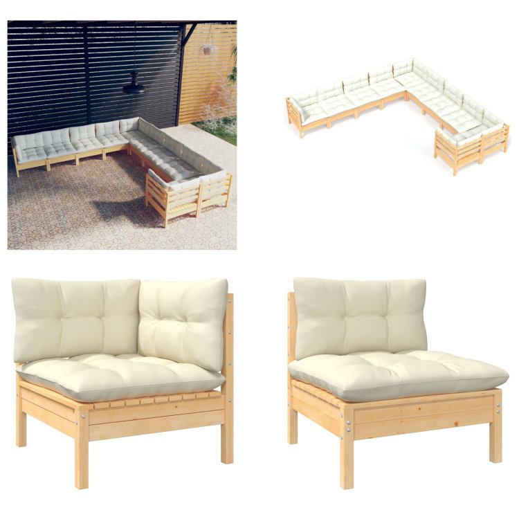 vidaXL 10-częściowy zestaw wypoczynkowy do ogrodu z kremowymi poduszkami z drewna sosnowego - Zestaw wypoczynkowy do ogrodu - Zestawy wypoczynkowe do ogrodu - Zestawy mebli ogrodowych - Zestawy mebli ogrodowych