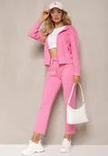 Spodnie sportowe damskie - Różowy Komplet Dresowy Spodnie z Gumką w Pasie oraz Bluza z Kapturem na Suwak Starnie - miniaturka - grafika 1