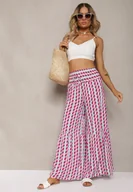 Spodnie damskie - Fuksjowo-Białe Spodnie z Wiskozy High Waist Typu Palazzo z Gumką w Talii Tiimacella - miniaturka - grafika 1