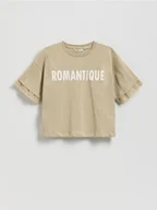 Koszulki dla dziewczynek - Reserved - Krótki t-shirt z nadrukiem - oliwkowy - miniaturka - grafika 1