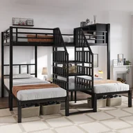 Łóżka dla dzieci i młodzieży - Łóżka piętrowe 140 x 200 cm + 2 x 90 x 200 cm ze schowkami - Metalowe - Czarne (bez materaca) - miniaturka - grafika 1