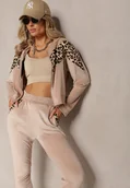 Dresy damskie - Beżowy Welurowy Komplet Dresowy 2-Częściowy z Animal Print Bluza i Spodnie Atisilva - miniaturka - grafika 1