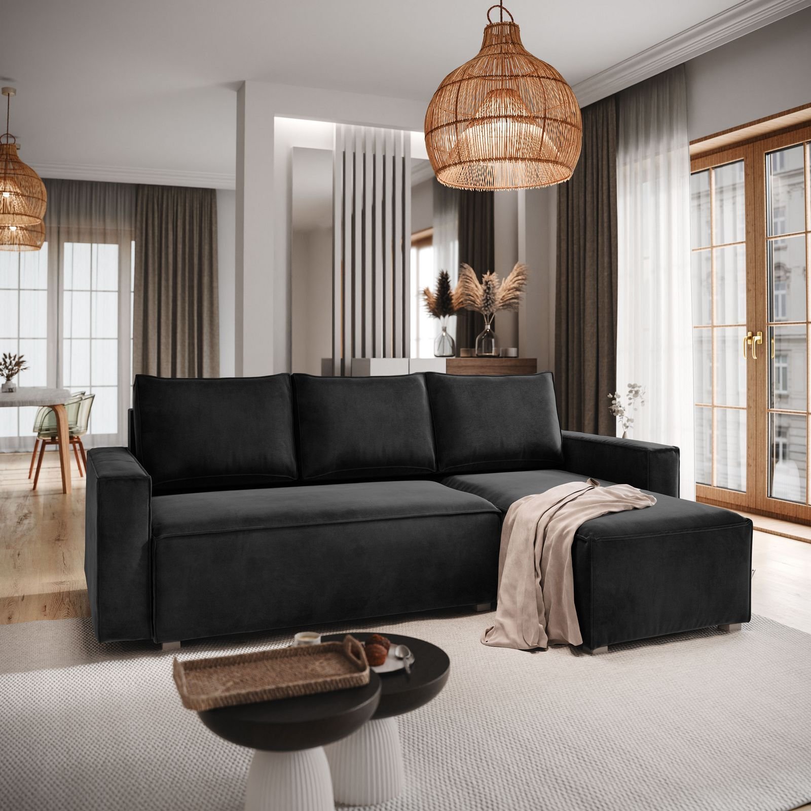 Masseno Narożnik SILES z funkcją spania i pojemnikiem na pościel Kształt L, Rozkładana sofa, Rogówka - Czarny, MONOLITH 95