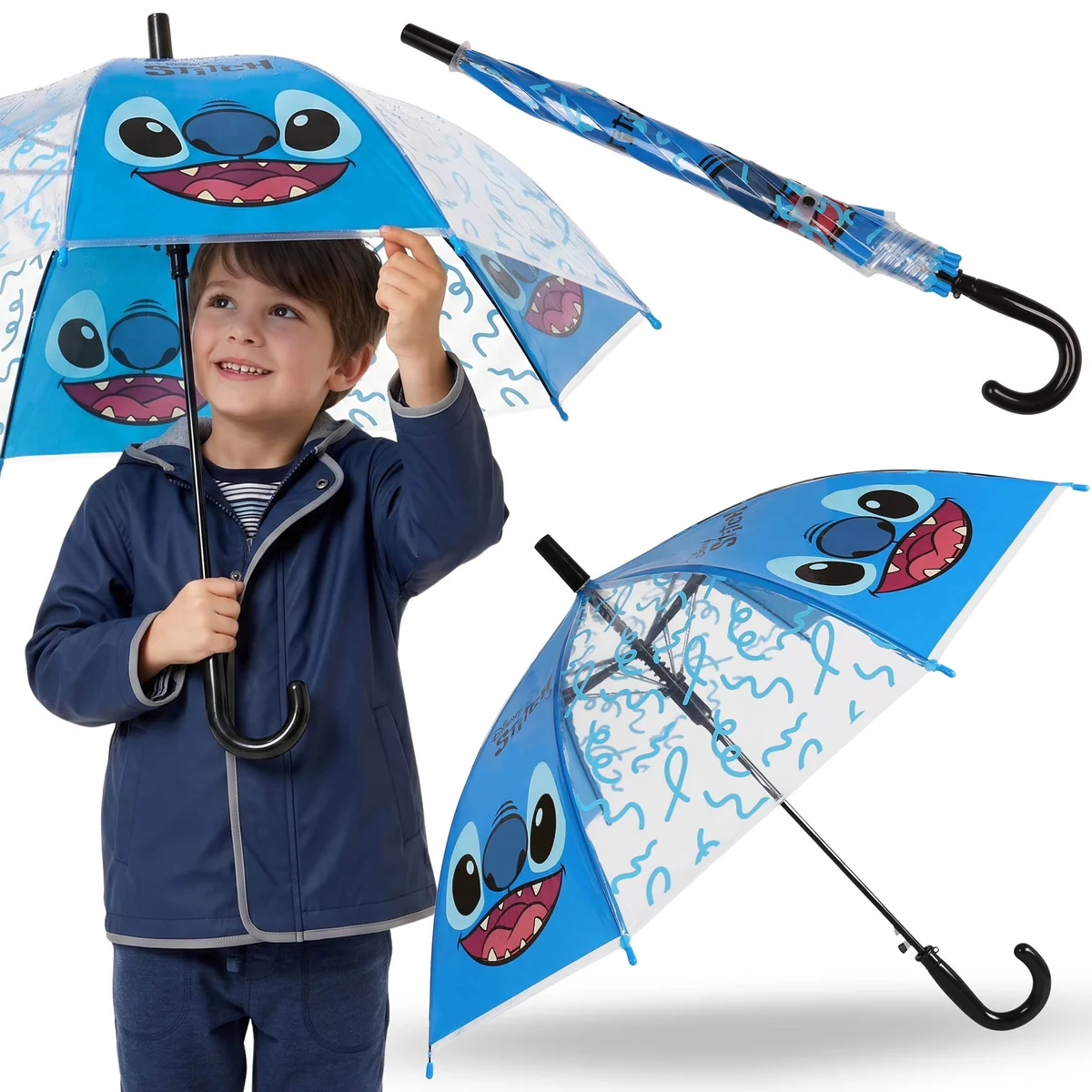 DISNEY Stitch Niebieska parasolka dziecięca DLA CHŁOPCA, transparentny SKŁADANY parasol AUTOMATYCZNY