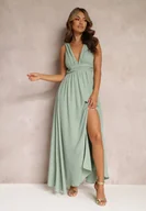 Sukienki - Miętowa Rozkloszowana Sukienka Maxi na Ramiączkach z Rozcięciem Ernames - Renee - miniaturka - grafika 1