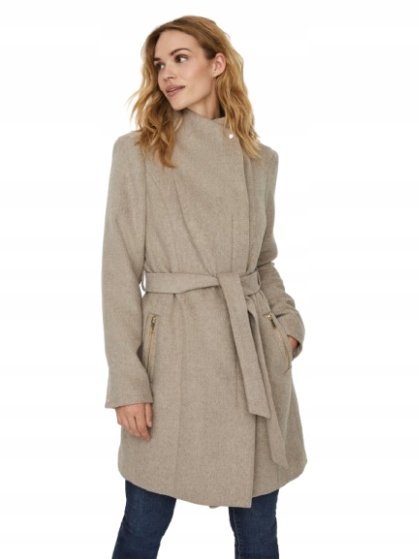 VERO MODA BEŻOWY PŁASZCZ KLASYCZNY DŁUGI Z PASKIEM XL J7A