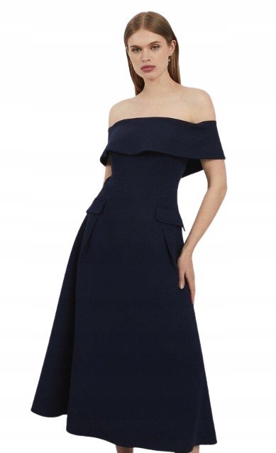 KAREN MILLEN GRANATOWA ROZKLOSZOWANA SUKIENKA DLA NISKICH 38 B_A